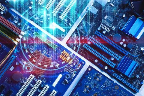 Computer motherboards on white table, flat lay. Electronic device Stock Photos