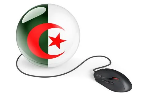 Computer mouse with Algerian flag. Internet network in Algeria concept. 3D re Stock Illustration