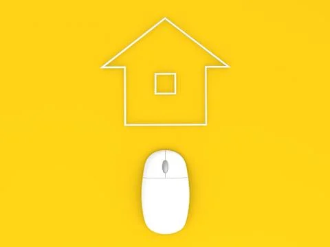 Computer mouse and apartment building. Sale of real estate. . Illustrazione stock