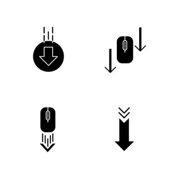 Computer mouse and arrowheads black glyph icons set on white space. Scrolling 스톡 일러스트