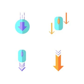 Computer mouse and arrowheads flat design cartoon RGB color icons set. Scroll Stock Illustration