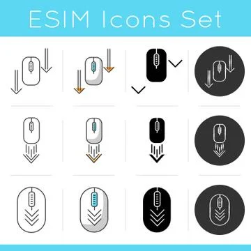 Computer mouse and arrowheads icons set. Scrolling down and uploading indicat Illustrazione stock