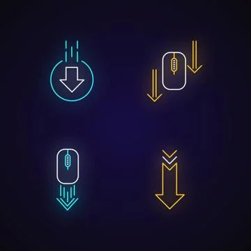 Computer mouse and arrowheads neon light icons set. Scrolling down and upload Stock Illustration