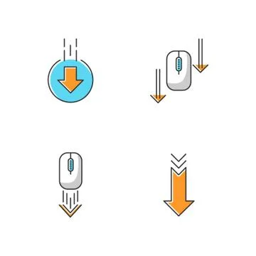 Computer mouse and arrowheads RGB color icons set. Scrolling down and uploadi Stock Illustration