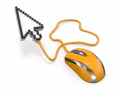 Computer mouse and cursor on white background. 3d Stock Illustration