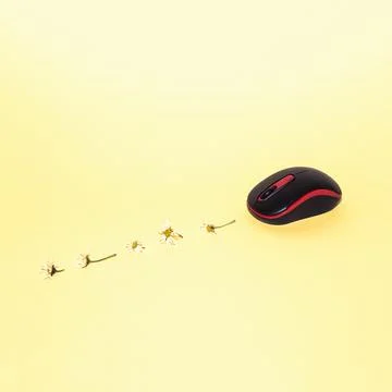 Computer mouse and flowers creative layout. Concept photo. Studio shot.  스톡 사진