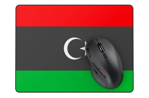 Computer mouse and mouse pad with Libyan flag, 3D rendering Stock Illustration