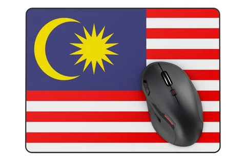 Computer mouse and mouse pad with Malaysian flag, 3D rendering Stock Illustration