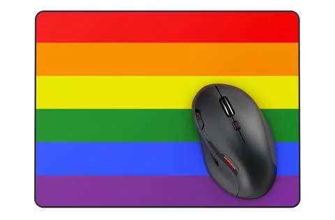 Computer mouse and mouse pad with rainbow LGBT flag, 3D rendering 스톡 일러스트