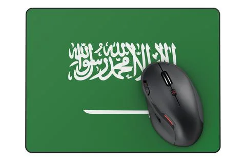 Computer mouse and mouse pad with Saudi Arabian flag, 3D rendering Stock Illustration