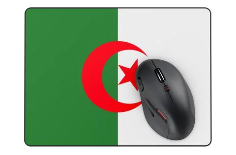 Computer mouse and mouse pad with Algerian flag, 3D rendering Stock Illustration