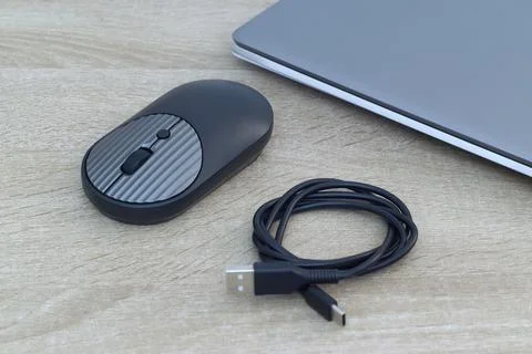 Computer mouse and neatly coiled USB cable on wooden desk, tidy workspace. 写真素材