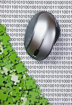 Computer mouse and  puzzles on a binary code Stock Photos