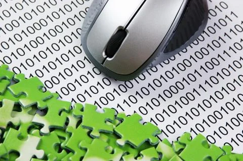 Computer mouse and  puzzles on a binary code 스톡 사진