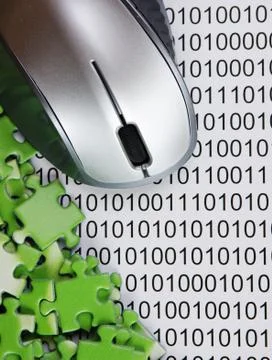 Computer mouse and  puzzles on a binary code 스톡 사진