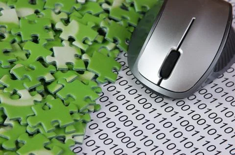 Computer mouse and  puzzles on a binary code 스톡 사진