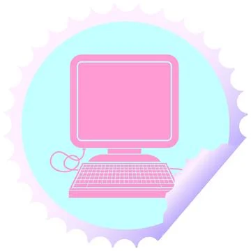 Computer with mouse and screen circular peeling sticker in bright neon color Stock Illustration