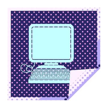 Computer with mouse and screen square peeling sticker in bright neon color Stock Illustration