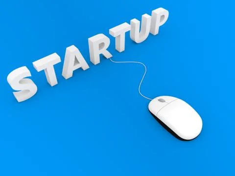 Computer mouse and startup on blue background.. Illustrazione stock