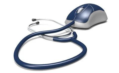 Computer mouse and stethoscope on white background Illustrazione stock