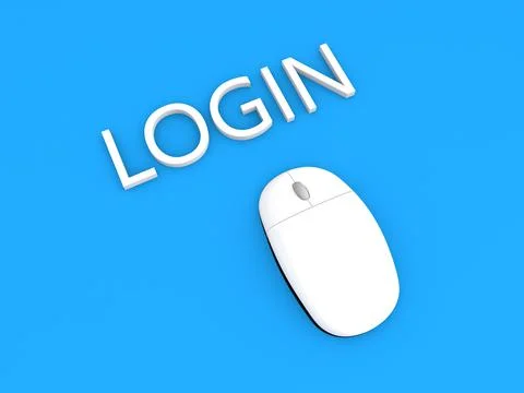 Computer mouse and the word login on a blue background. 3d render illustratio Stock Illustration