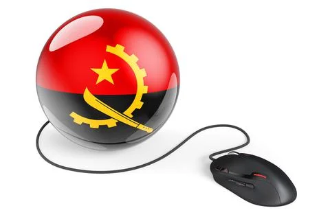 Computer mouse with Angolan flag. Internet network in Angola concept. 3D rend Stock Illustration