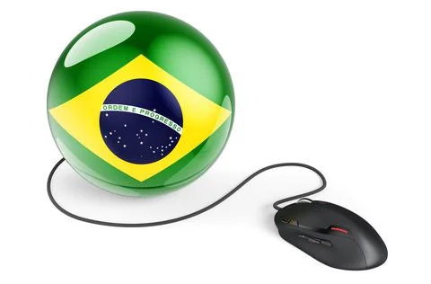 Computer mouse with Brazilian flag. Internet network in Brazil concept. 3D re Illustrazione stock