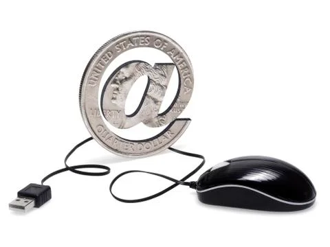 Computer mouse, with the cable attached to a coin-shaped at symbol Stock Photos