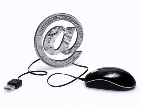 Computer mouse, with the cable attached to a coin-shaped at symbol Stock Photos
