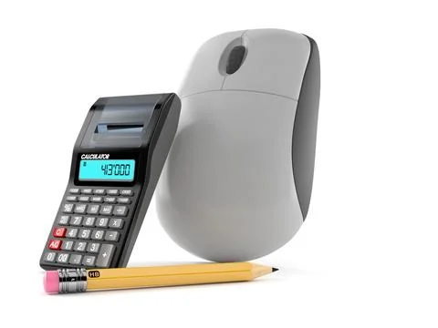 Computer mouse with calculator and pencil Stock Illustration