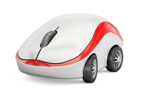 Computer Mouse on car wheels, 3D rendering Illustrazione stock