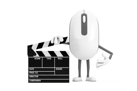 Computer Mouse Cartoon Person Character Mascot with Movie Clapper Board. 3d.. Illustrazione stock