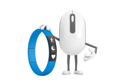 Computer Mouse Cartoon Person Character Mascot with Blue Fitness Tracker. 3.. Stock Illustration