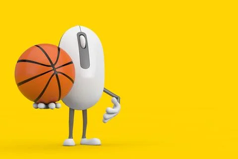 Computer Mouse Cartoon Person Character Mascot with Basketball Ball. 3d Ren.. Stock Illustration