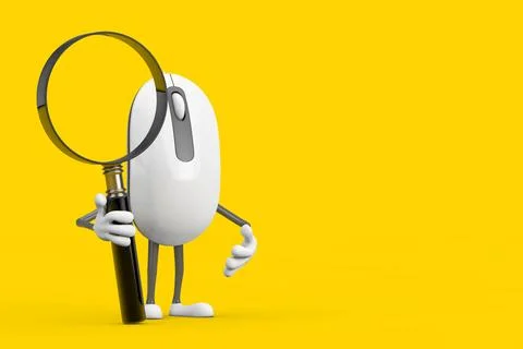 Computer Mouse Cartoon Person Character Mascot with Magnifying Glass. 3d Re.. Stock Illustration