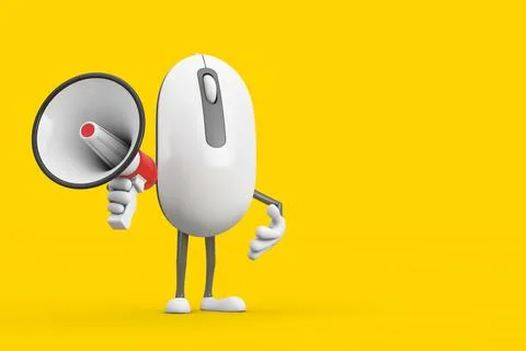 Computer Mouse Cartoon Person Character Mascot with Red Retro Megaphone. 3d.. Stock Illustration