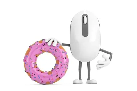 Computer Mouse Cartoon Person Character Mascot with Big Strawberry Pink Gla.. Illustrazione stock