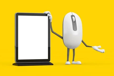 Computer Mouse Cartoon Person Character Mascot with Blank Trade Show LCD Sc.. Stockillustratie