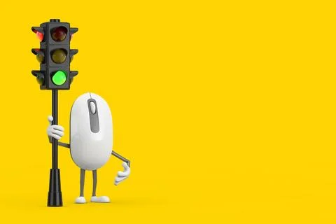Computer Mouse Cartoon Person Character Mascot with Traffic Green Light. 3d.. Illustrazione stock