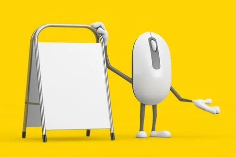 Computer Mouse Cartoon Person Character Mascot with White Blank Advertising.. Stockillustratie