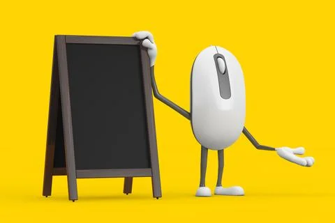 Computer Mouse Cartoon Person Character Mascot with Blank Wooden Menu Black.. Stockillustratie
