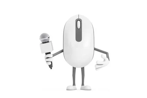 Computer Mouse Cartoon Person Character Mascot with Modern Chrome Microphon.. Illustrazione stock