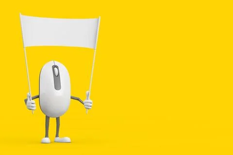Computer Mouse Cartoon Person Character Mascot and Empty White Blank Banner.. Stockillustratie