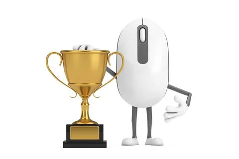 Computer Mouse Cartoon Person Character Mascot with Golden Award Trophy. 3d.. 스톡 일러스트