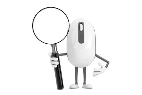 Computer Mouse Cartoon Person Character Mascot with Magnifying Glass. 3d Re.. Stock Illustration