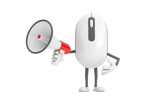 Computer Mouse Cartoon Person Character Mascot with Red Retro Megaphone. 3d.. Stock Illustration