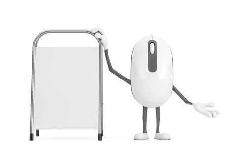 Computer Mouse Cartoon Person Character Mascot with White Blank Advertising.. Stockillustratie