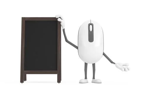 Computer Mouse Cartoon Person Character Mascot with Blank Wooden Menu Black.. Stockillustratie