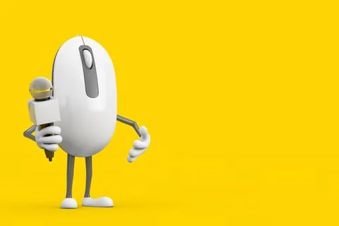 Computer Mouse Cartoon Person Character Mascot with Modern Chrome Microphon.. Stock Illustration