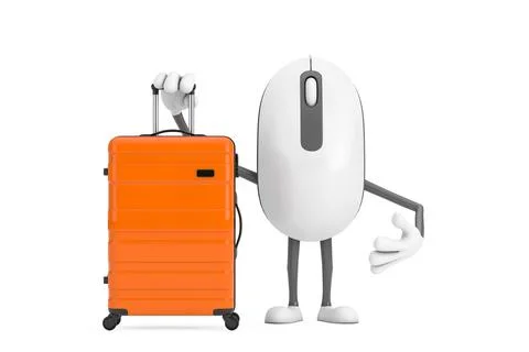 Computer Mouse Cartoon Person Character Mascot with Orange Travel Suitcase... Illustrazione stock